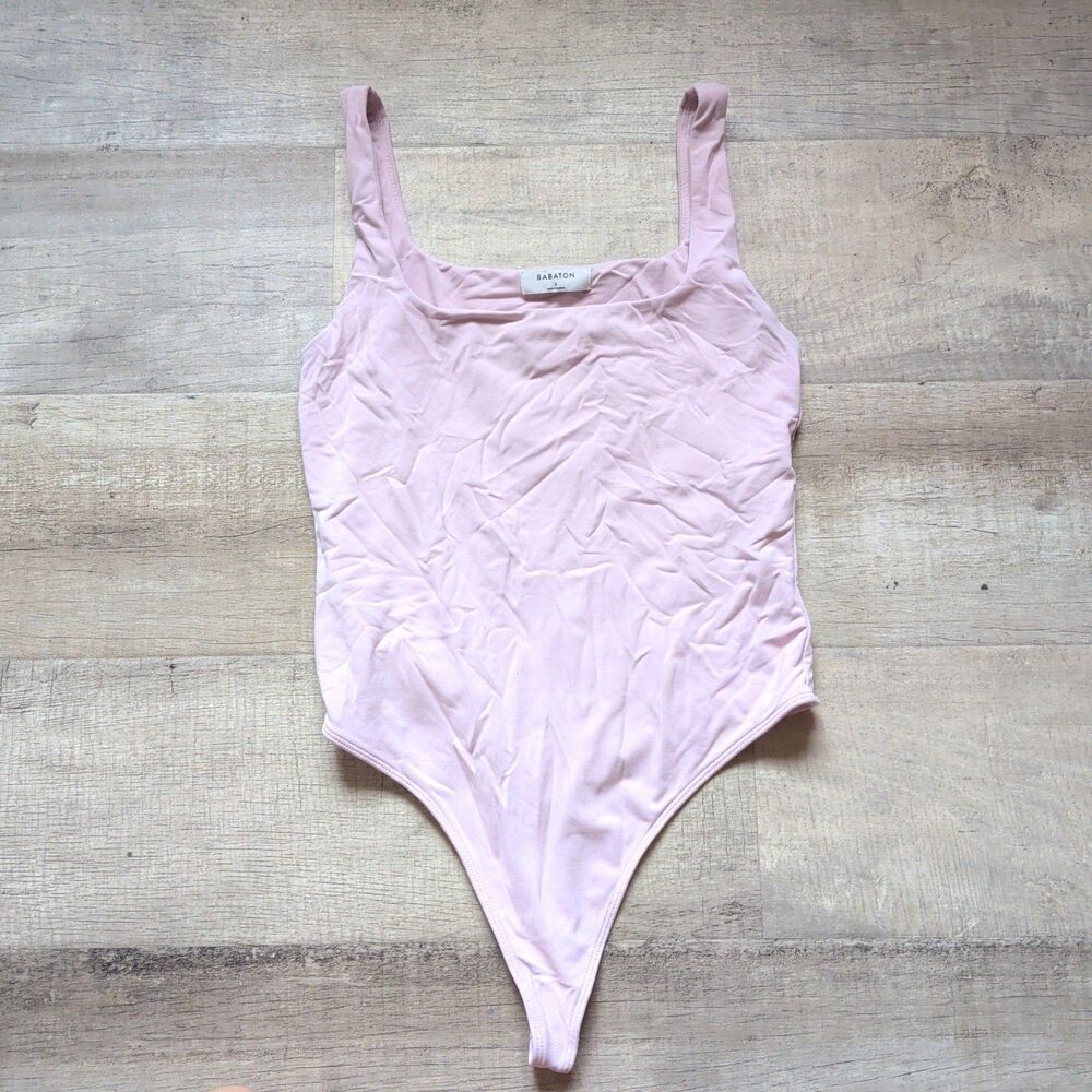 ​Babaton Aritzia Pink Square Neck Thong Bodysuit Size L Contour Nylon Basic